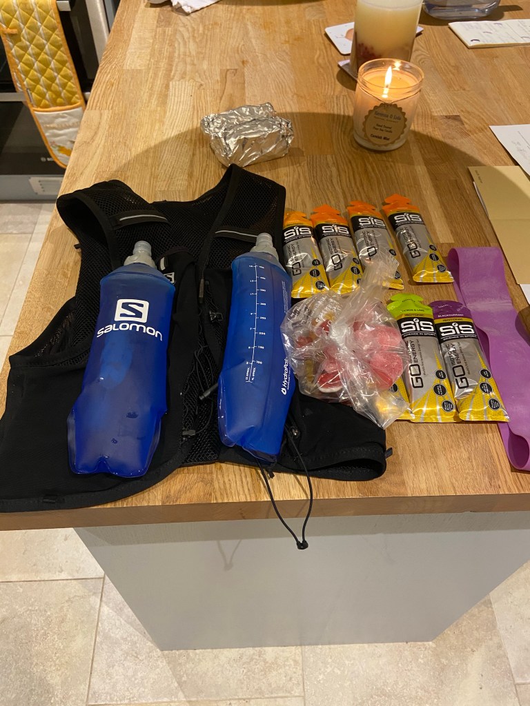 Gels, running pack, sweeties, drinks all set up the night before!