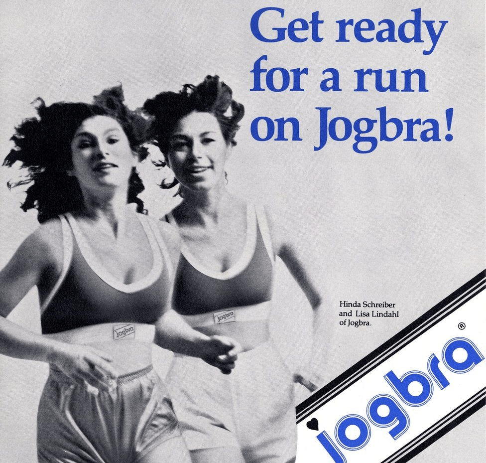 A poster advert for Jogbra in 1997, featuring two women running in a sports bra 