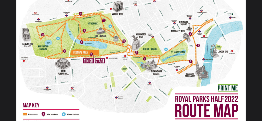 Route map of the Royal Parks Half Marathon 