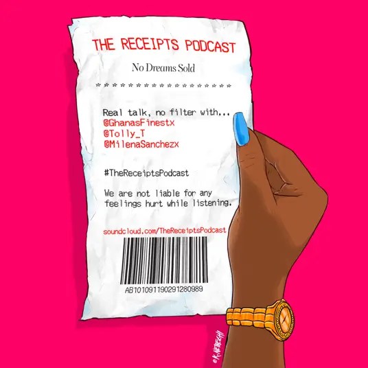 Podcast logo of a woman's hand holding a receipt which has the title of the podcast written on it and the names of the presenters, a podcast hashtag, and their social media accounts
