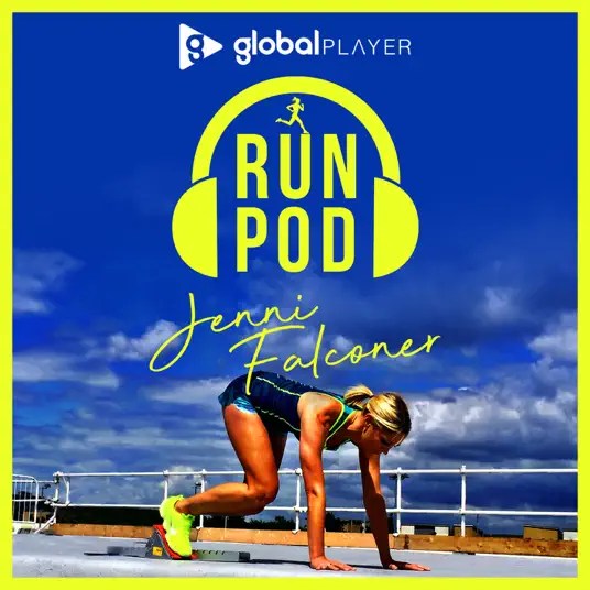 Podcast logo of a lady in running wear at the start of an athletics track about to start running with blue skies behind her